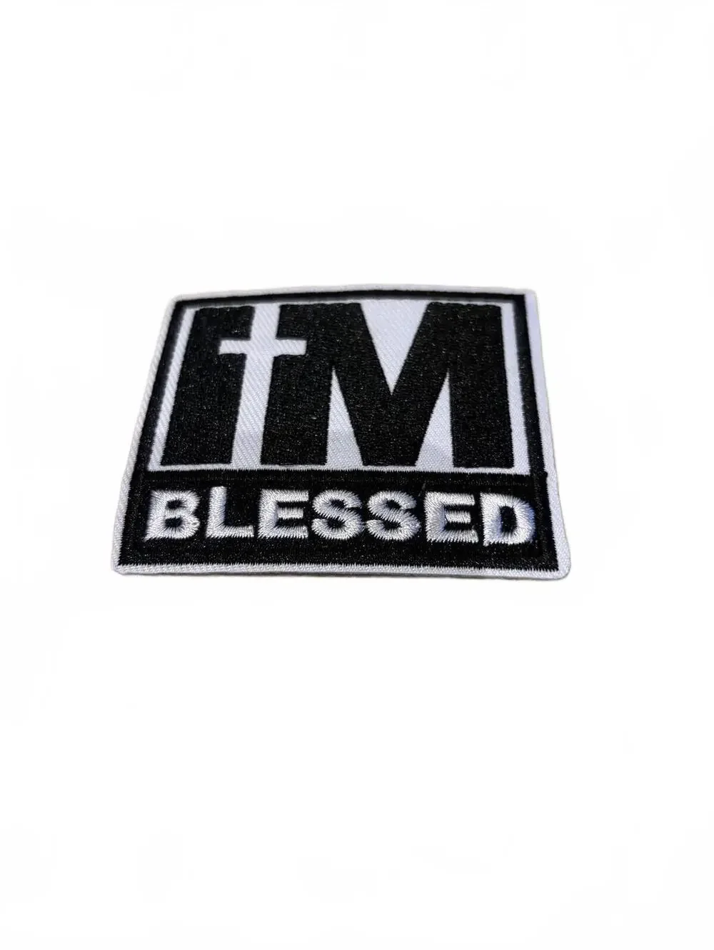 Black and White 'Blessed' Patch with Cross Design
